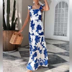 Blue & White Floral Maxi Dress with Ruffled Hem and Butterly Sleeves Like New S